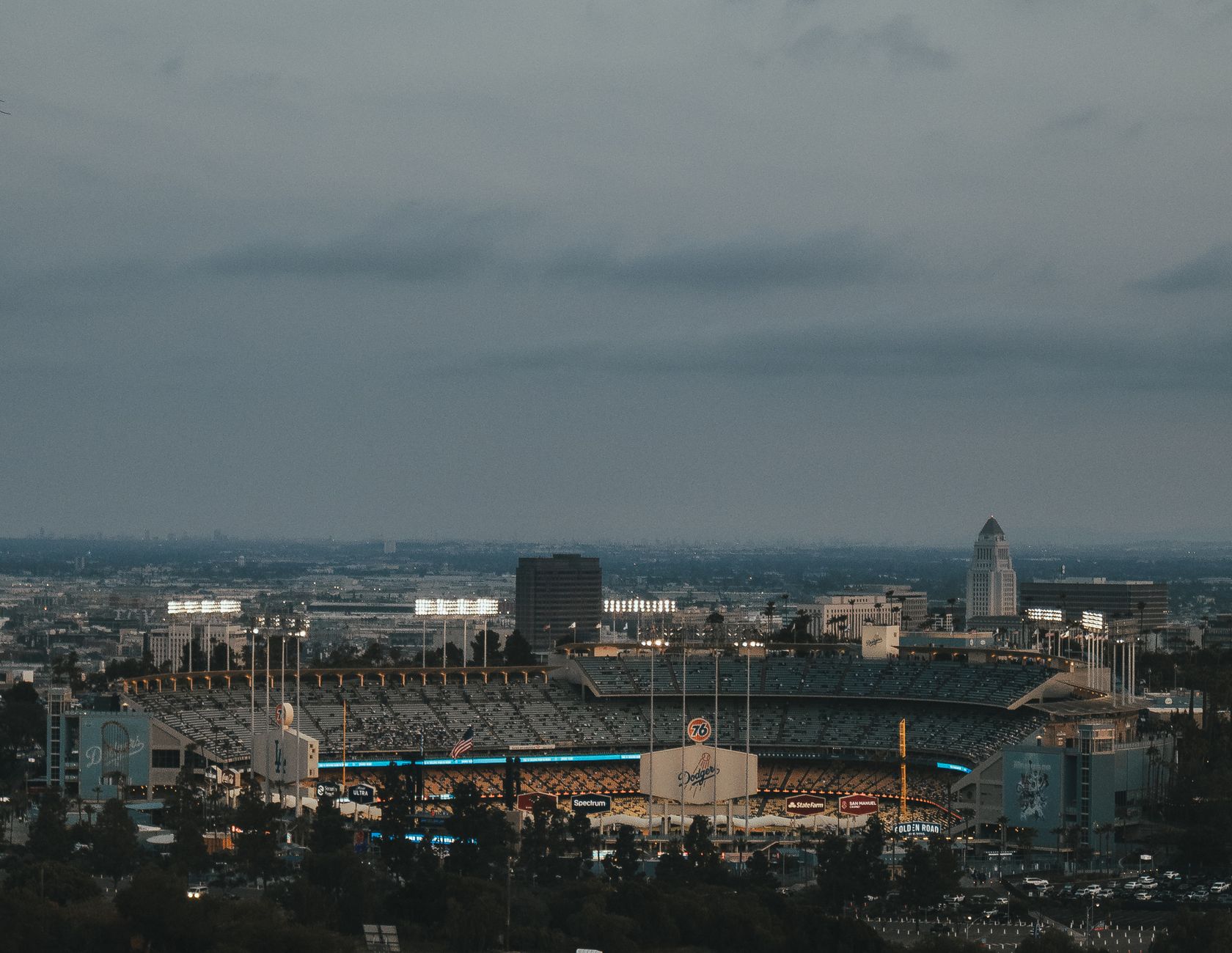 Baseball stadium lit up at night